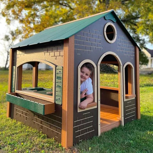 Stone Cottage w/ Flower Boxes - Outdoor Playhouse - Playtopia, Inc.